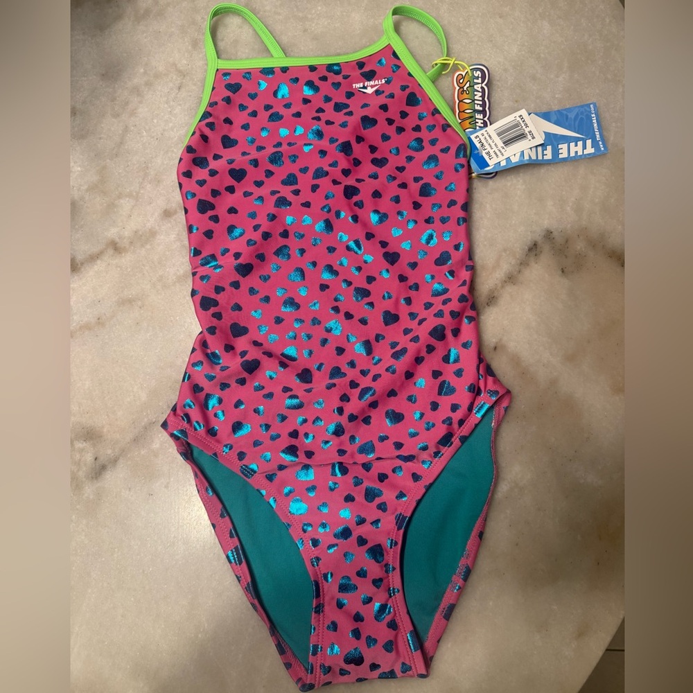 TYR The Finals Pink & Teal Heart Foil Print Women's One Piece Swimsuit Size 30